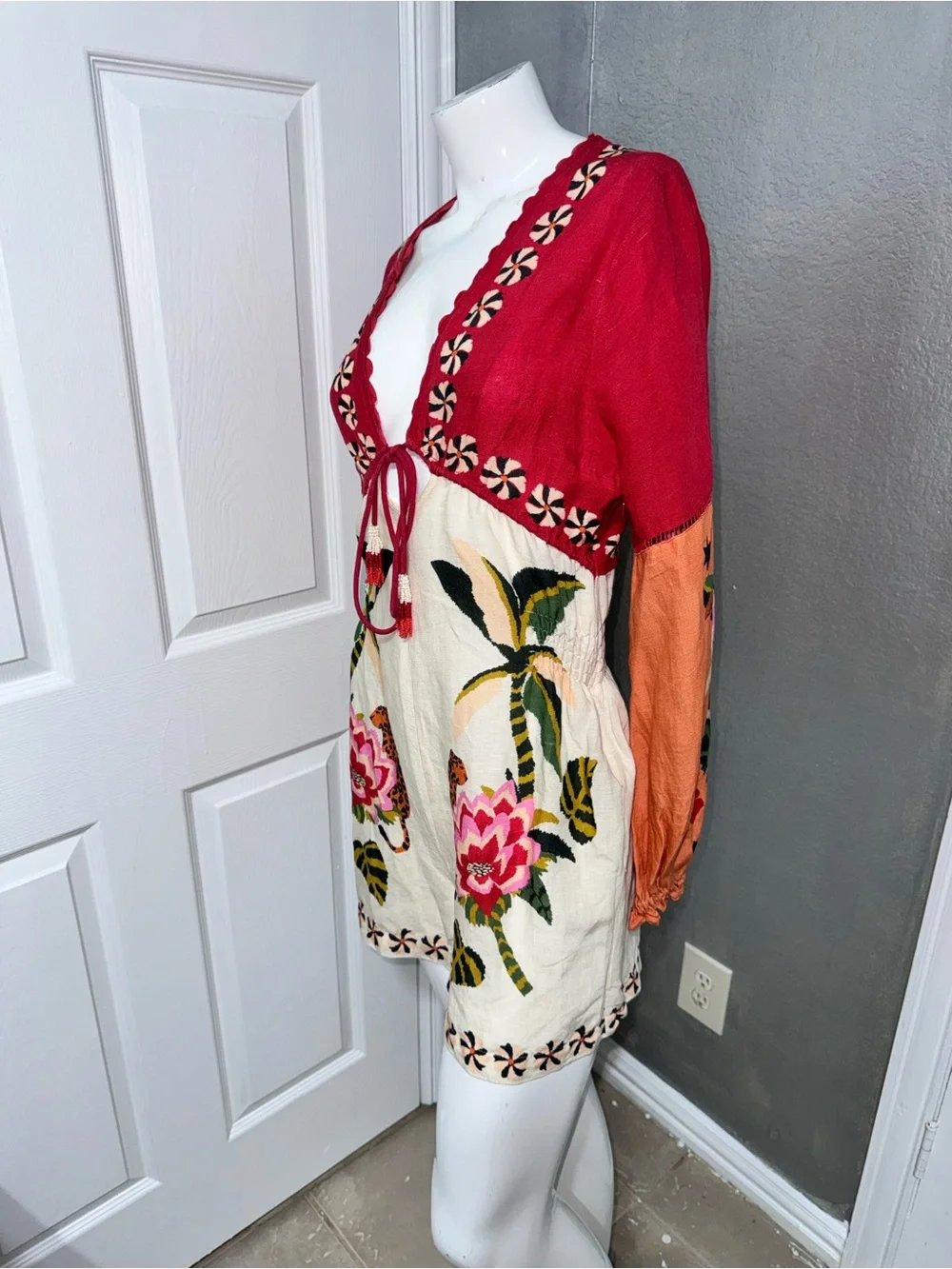 Anthropologie Pink and Cream Embroidered V-Neck Romper - Picture 7 of 17